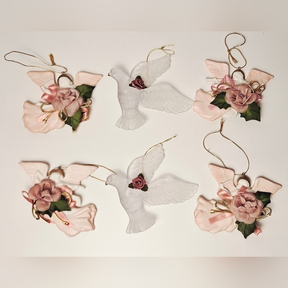 Vintage Pink Angel Dove Christmas Ornaments Roses Shabby Chic Set of 6